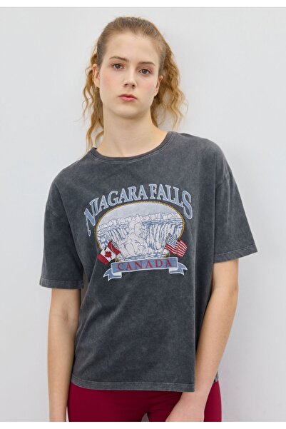 TUBİA Tricou pentru femei de culoare antracit cu imprimeu Cascada Niagara