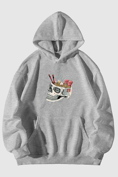 Harmandar Unisex φούτερ με μαύρη κουκούλα - Skull Ramen Printed, Kangaroo Pocket Hoodie