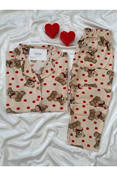 Lena Homewears Set de pijamale din piele intoarsa cu nasturi cu model ursulet...