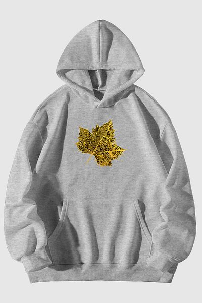Harmandar Unisex Φούτερ με κουκούλα με στάμπα σε μαύρο/γκρι ξηρό φύλλο - Φούτερ με κουκούλα καγκουρό
