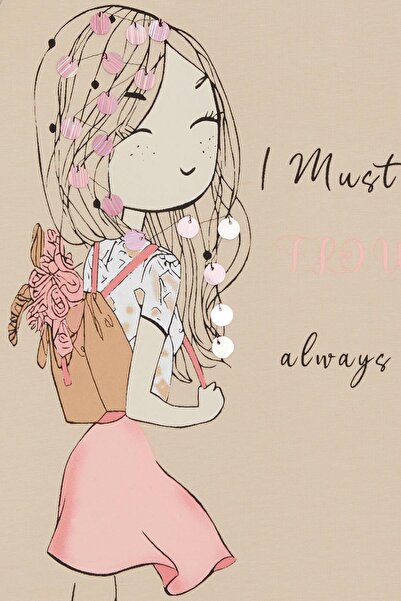 Breeze Kız Çocuk Tunik Mutlu Kız Baskılı Pullu 3-7 Yaş, Bej