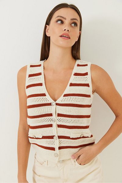 Bianco Lucci Women's V-Neck Three-Button Striped Knitwear Vest 20247525