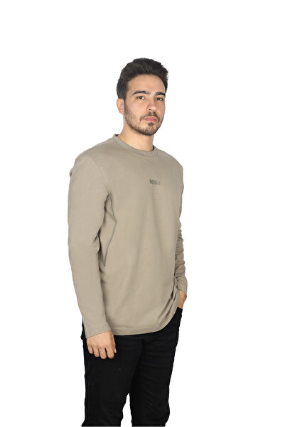BOSS Erkek Pamuklu Marka Logolu Yuvarlak Yaka Bej T-Shirt 50527126-334
