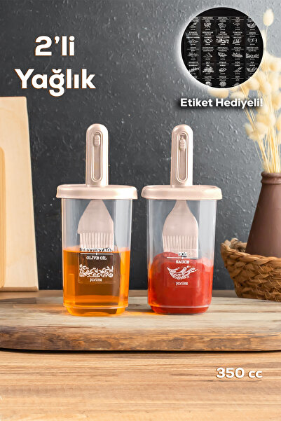 Porsima 0520 2'li Etiketli Silikon Fırçalı Yağlık - Sosluk-Yağdanlık Erzak Saklama Kabı 350cc - Cappuccino
