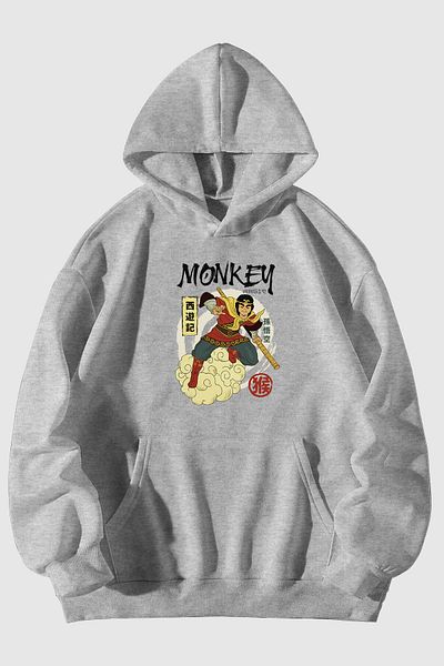 Harmandar Φούτερ με κουκούλα Unisex Black Monkey Printed Hooded - Hoodie Kangaroo Pocket