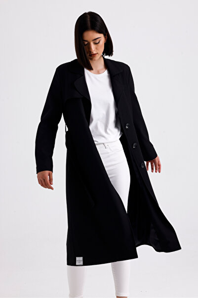 Tangül&Ali'S Moda Evi Dökümlü Uzun Siyah Trençkot