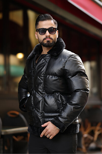 RHONES Pánská černá kožená bunda Puffer 7010