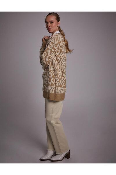 Kayra Exclusive Soyut Desenli Triko Tunik Bej-Ekru
