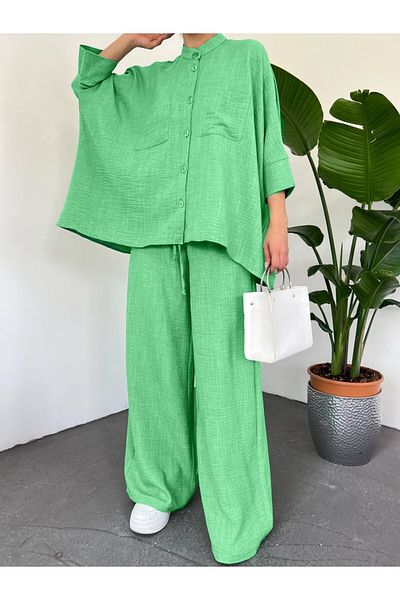 Modamorfo Lässiges Hemd-Set mit doppelten Taschen und halben Fledermausärmeln – grün