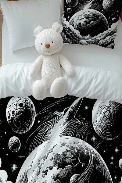 Else Dekor Set de lenjerie de pat pentru copii cu model Space Moon Planet alb-negru cu husă de pernă