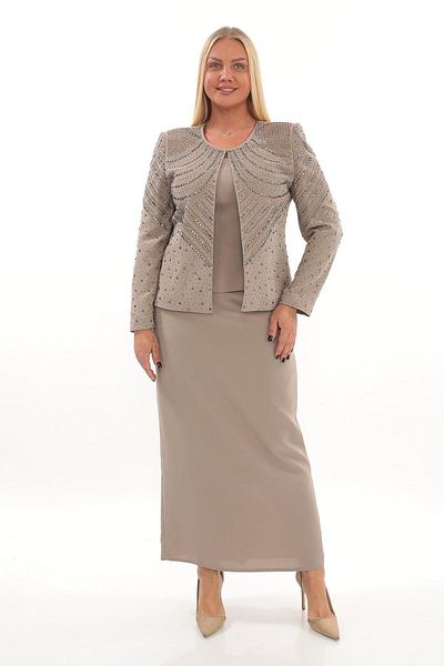 MİSS DİAMOND Stone Embroidered Long Sleeve Crepe Fabric Mink Triple Skirt Set