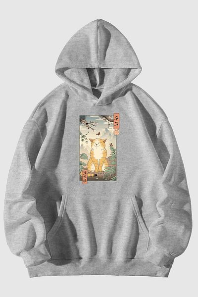 Harmandar Unisex Μαύρη Happy Cat Φούτερ με κουκούλα καγκουρό με κουκούλα