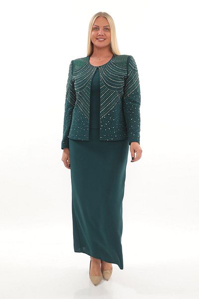 MİSS DİAMOND Stone Embroidered Long Sleeve Crepe Fabric Green Triple Skirt Suit