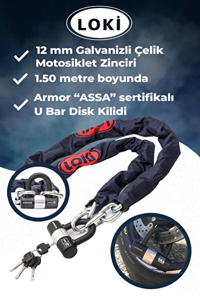Armor LOKİ 12 Mm Kalınlık 1.50 Metre Motosiklet Scooter Zincir Kilit U Bar