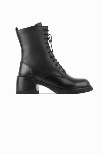 Lal Shoes & Bags حذاء نسائي أسود من الجلد الطبيعي برباط وسحاب وكعب