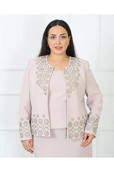 MİSS DİAMOND Long Sleeve Embroidered Jacket Skirt Blouse Beige Triple Set
