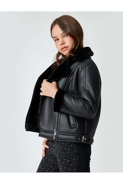 Koton Motorkářská bunda - kožený vzhled, umělá kožešina, detail límečku a zip