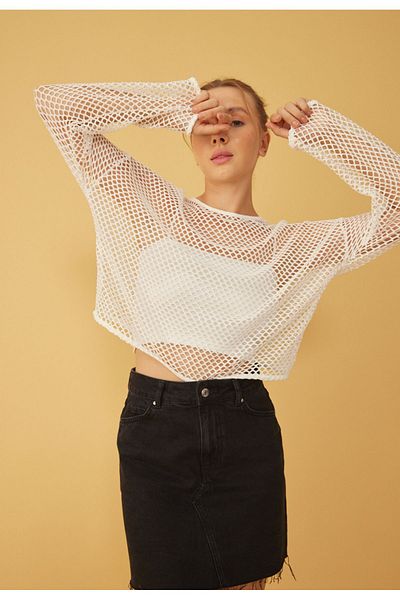TUBİA Long Sleeve Openwork Loose Hole Mesh Crop Blouse
