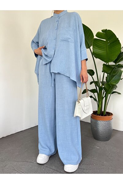 Modamorfo Çift Cepli Yarım Yarasa Kol Salaş Gömlek Takım -Bebe Mavi