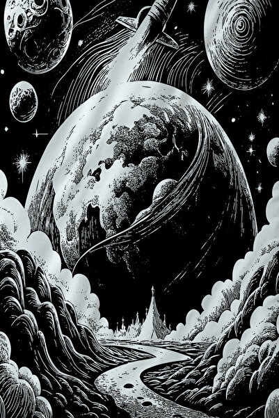 Else Dekor Детски комплект завивка с калъфка за възглавница, черно-бял, с шарка на космическа луна и планета