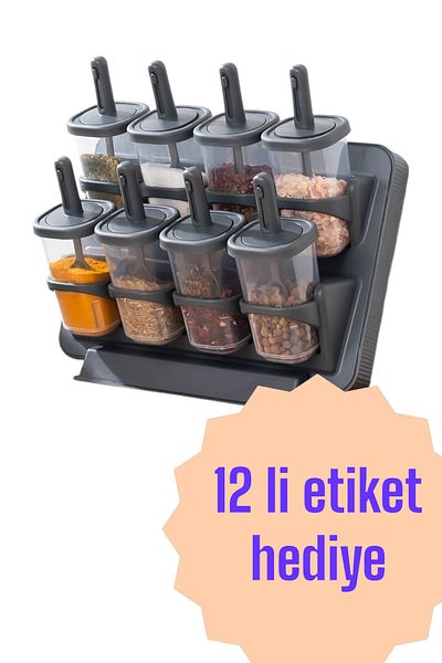 FERAH PLASTİK 8-Piece Black Spice Rack Set with Spoon - Wall Mounted