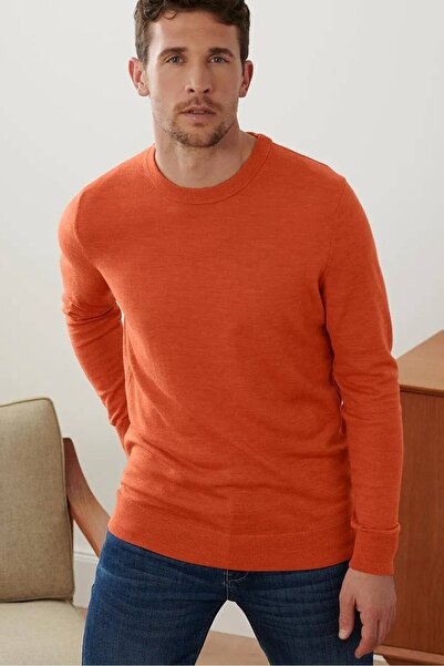 Tchibo Men Crew Neck Textured Long Sleeve Sweater, Pumpkin Orange