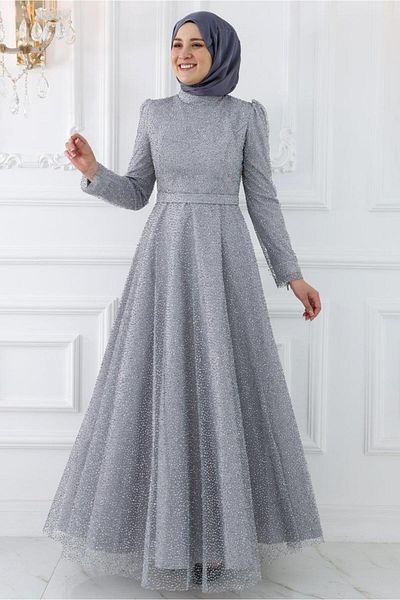 Amine Hüma Gray Aymira Hijab Evening Dress