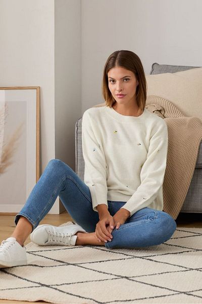 Tchibo Women Embroidered Long Sleeve Sweater, Ivory