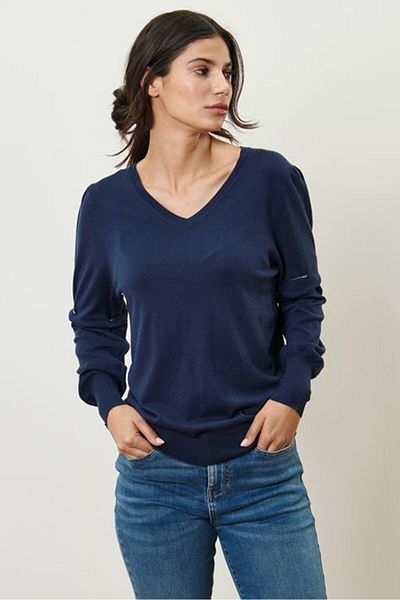 Tchibo Women V-neck Textured Sweater, Navy Blue