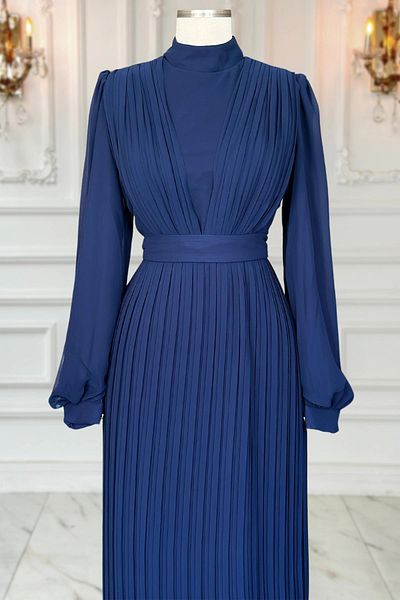 Amine Hüma Βραδινό φόρεμα Hijab με πλισέ Navy Blue - Alina