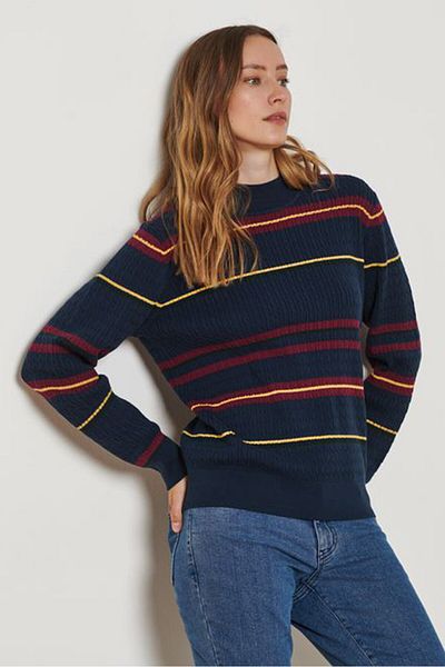 Tchibo Women Round Neck Stripe Sweater, Navy Combo