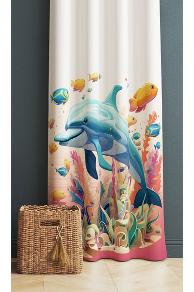 Else Dekor Fishes Dolphin Sea Patterned Girl's Room Background Curtain 140X260Cm