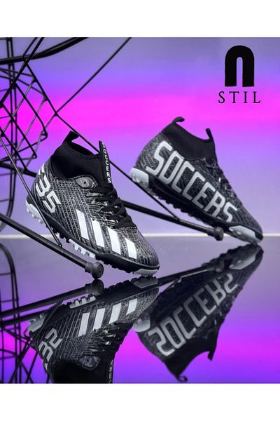 İmerShoes Pantofi sport de fotbal fără cuie pentru băieți, alb-negru, cu șosete Astroturf F35hs