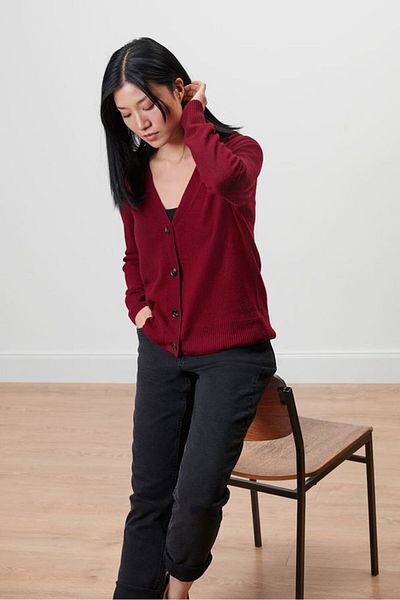 Tchibo Women V Neck Long Sleeve Knitted Cardigan, Red
