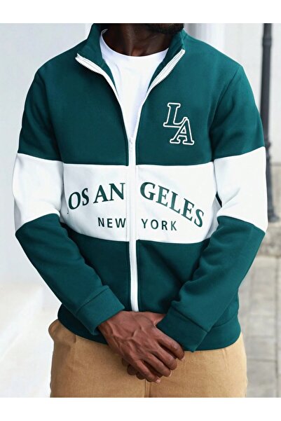 ORLONTEX Men's Green Los Angeles Printed Pieced Zippered Cardigan