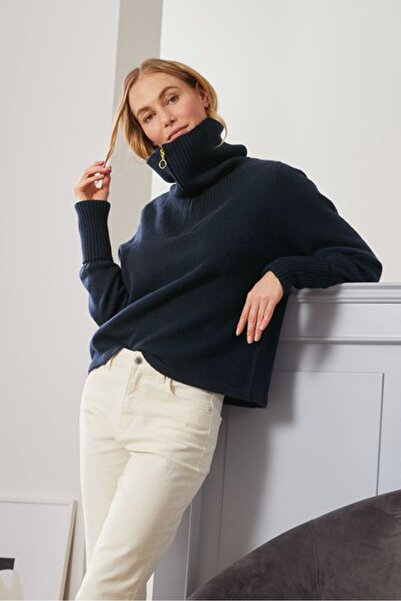 Tchibo سترة نسائية محبوكة بأكمام طويلة وياقة عالية، أزرق داكن