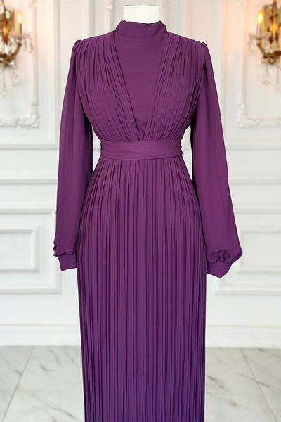 Amine Hüma Πλισέ Alina Hijab Βραδινό Φόρεμα - Plum