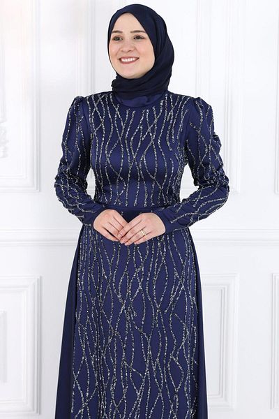 Amine Hüma Βραδινό φόρεμα με μπλέ Navy Didem Hijab