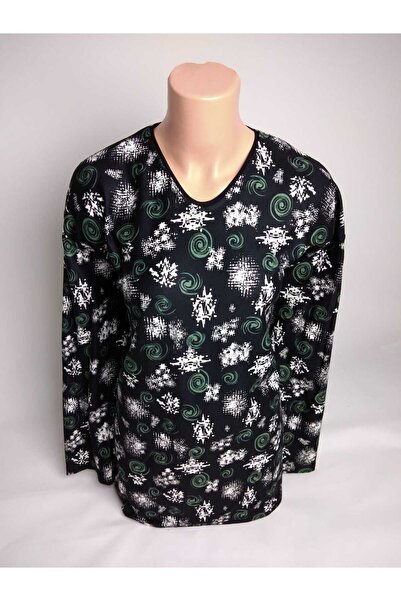 YAŞAR TRİKO Kadın Siyah Yeşil Desenli V Yaka Uzun Kollu Yanları Yırtmaçlı Mev...