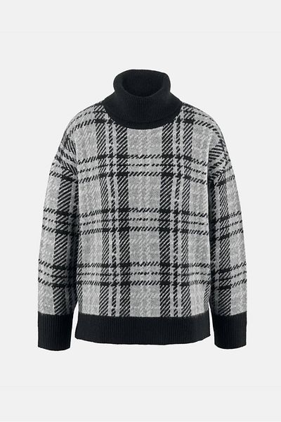 Tchibo Women Turtle Neck Plaid Long Sleeve Sweater, Grey