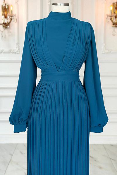 Amine Hüma Rochie de Seara Hijab Pliata - Alina Petrol Color