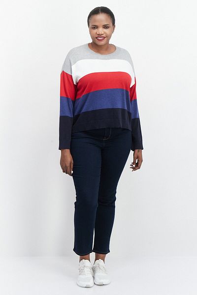 Tommy Hilfiger Women Round Neck Long Sleeve Colorblock Sweater, Grey Combo
