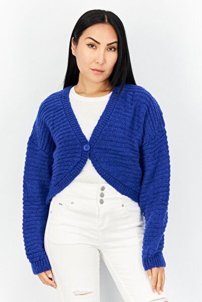 Reserved Women Knitted Button Down Long Sleeve Crop Cardigan, Blue