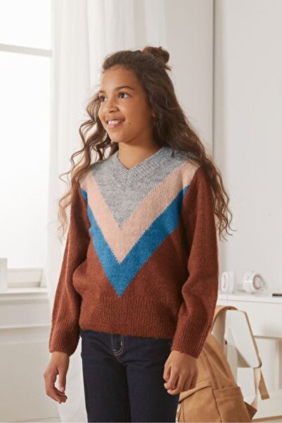 Tchibo Kid Girls V-neck Long Sleeves Colorblocking Knit Sweater, Grey Combo