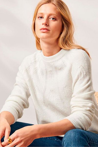 Tchibo Women Crew Neck Long Sleeve Knitted Sweater, White