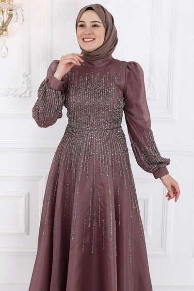Amine Hüma Milena Hijab Evening Dress - Dried Rose Design