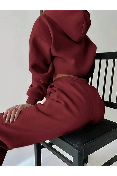 Know Women's Burgundy Olso Printed Hooded Bottom Top Tracksuit Set