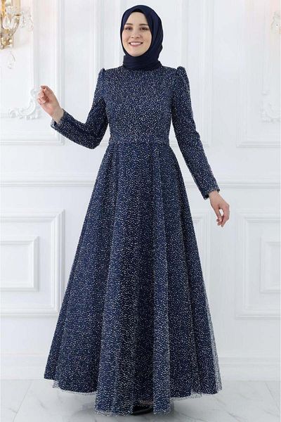 Amine Hüma Navy Blue Aymira Hijab Evening Dress