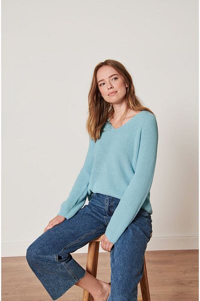Tchibo Women V-neck Long Sleeves Knitted Sweater, Light Blue
