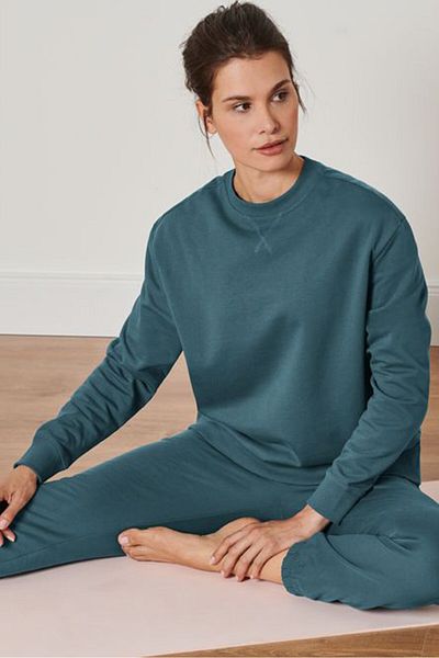 Tchibo Women Ribbed Collar Long Sleeve Plain Sweatshirts, Teal Blue